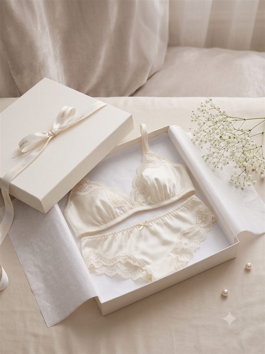 Ivory silk bridal lingerie set in a luxury gift box with baby's breath flowers