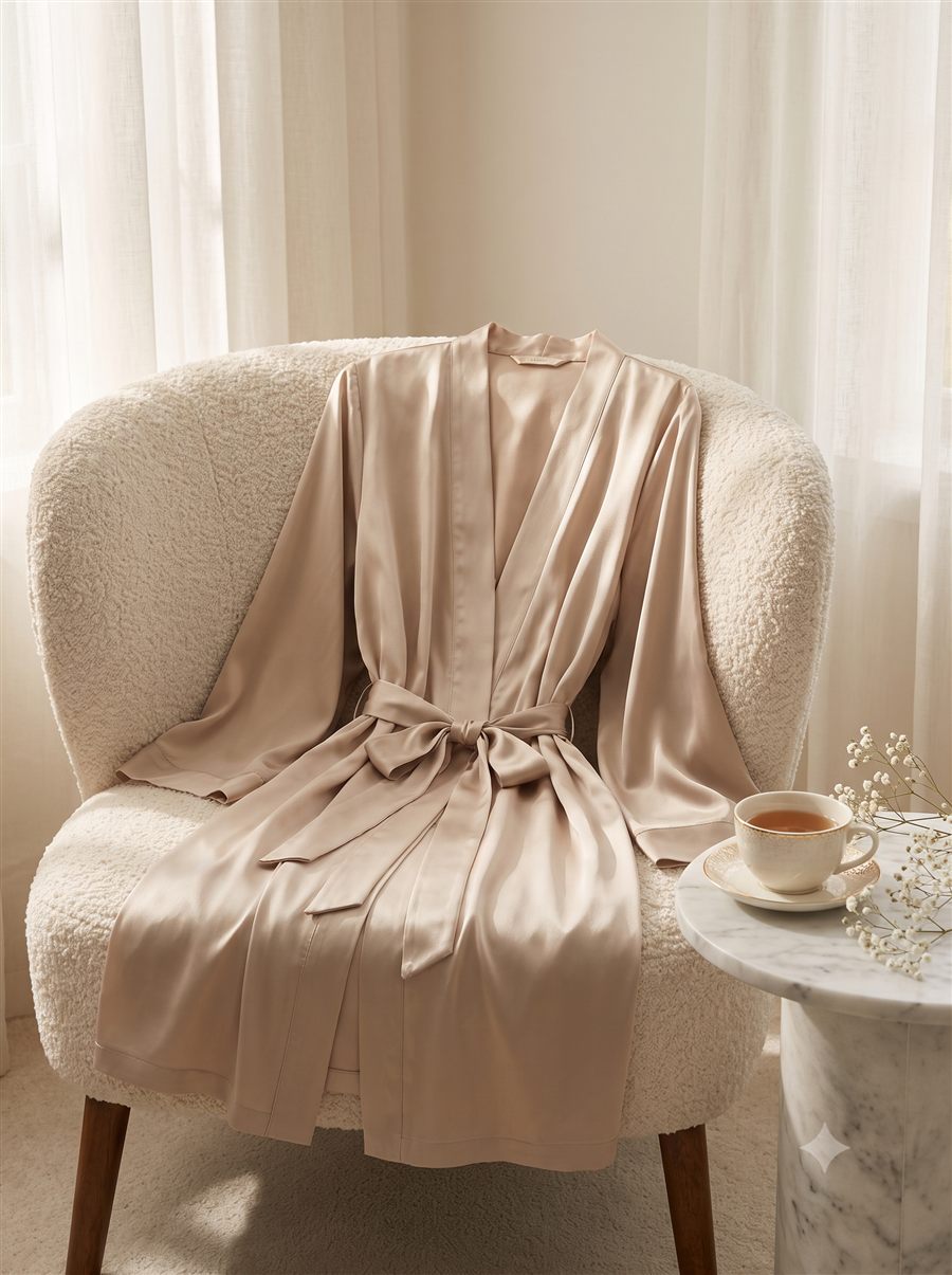 Champagne satin robe with tie belt draped over a boucle armchair