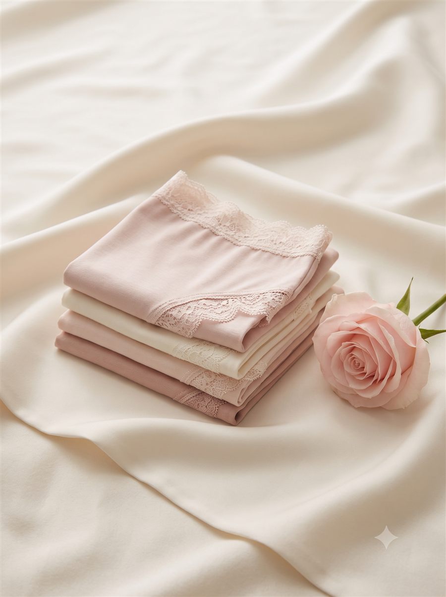 Folded stack of blush and ivory lace-trimmed briefs with a pink rose