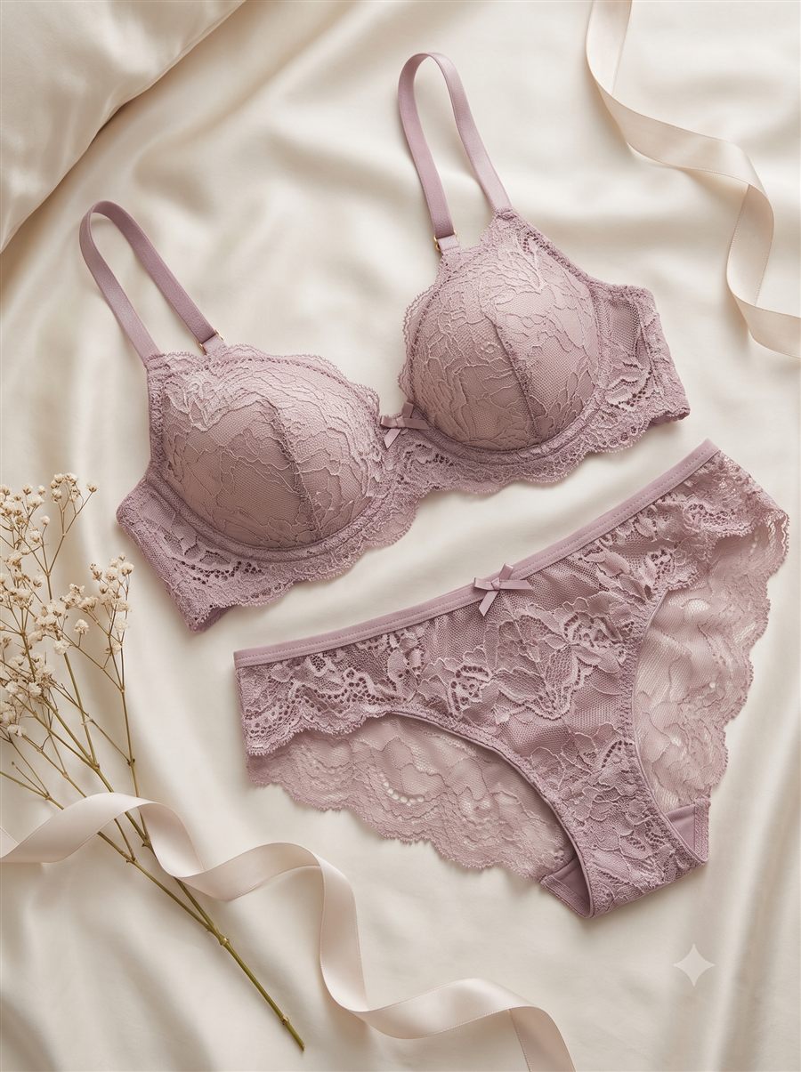 Matching mauve French lace bra and brief set on ivory silk
