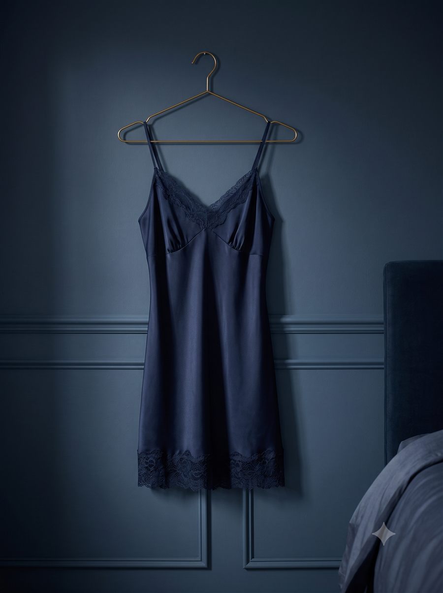 Midnight-navy silk slip nightdress with lace hem on a brass hanger
